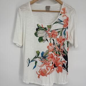 Chico’s Top Women’s Large Floral Slub Knit V-Neck Feminine Romantic Tropical